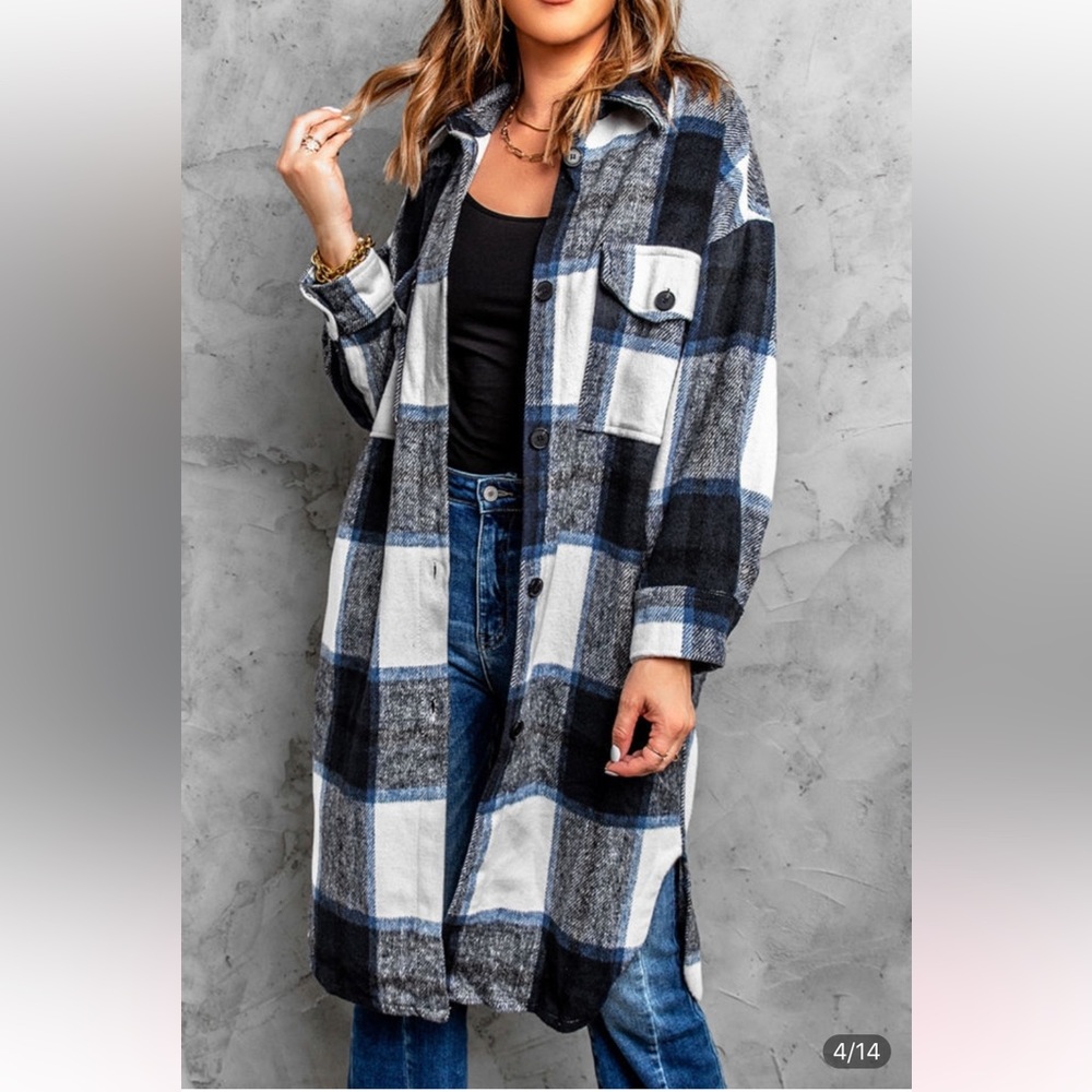 Blue plaid print long jacket